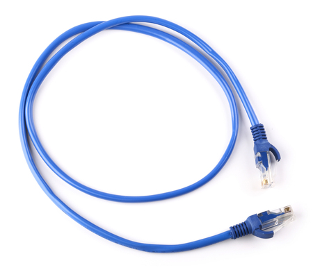 Blue network cable is isolated on white background.
