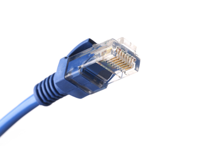 Blue network cable is isolated on white background.