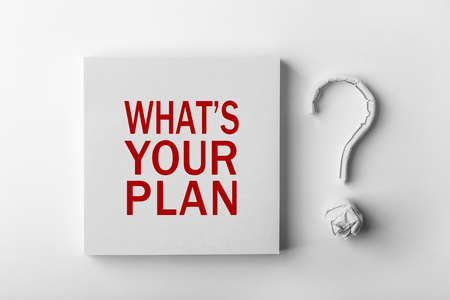 Red text What is your plan and paper question mark with white background.の写真素材