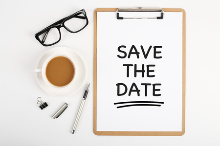 Top view office table desk of Save The Date Concept.の写真素材