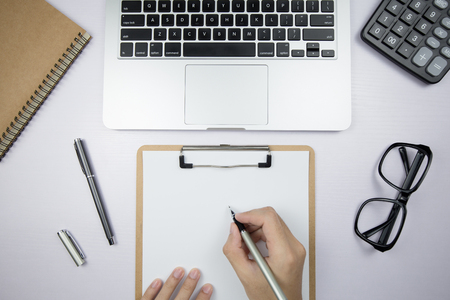 Top view Office desktop with office accessories, Desktop with business objects.の写真素材
