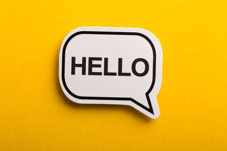 Hello speech bubble isolated on the yellow background.の写真素材
