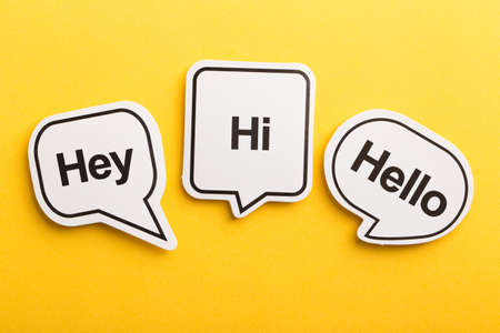 Hello speech bubble isolated on the yellow background.の写真素材