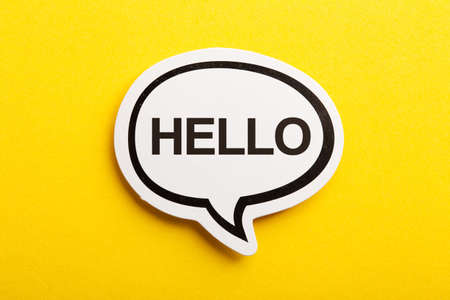 Hello speech bubble isolated on the yellow background.の写真素材