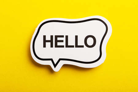 Hello speech bubble isolated on the yellow background.の写真素材