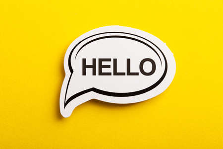 Hello speech bubble isolated on the yellow background.の写真素材