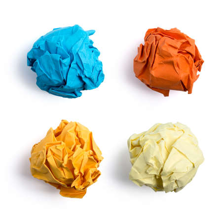 Collection of colorful crumpled paper balls isolated on white background.の写真素材