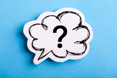 Question Mark speech bubble isolated on blue background.の写真素材