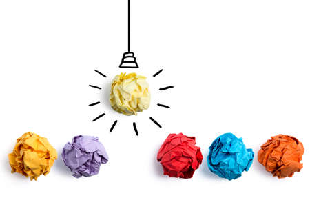 Creative idea, Inspiration, New idea and Innovation concept with Crumpled Paper light bulb on white background.の写真素材