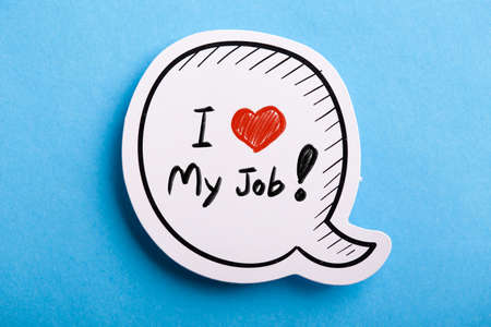 I Love My Job concept speech bubble isolated on blue background.の写真素材