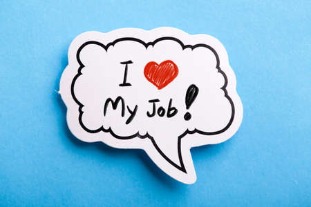 I Love My Job concept speech bubble isolated on blue background.の写真素材