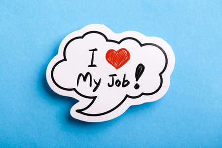 I Love My Job concept speech bubble isolated on blue background.の写真素材