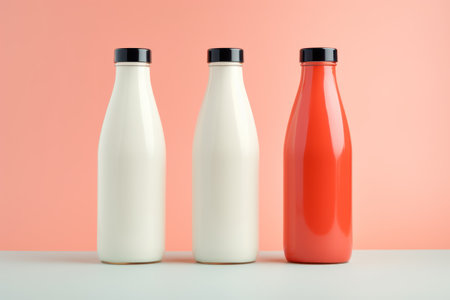 3 glass Bottles on white and pink background.の素材