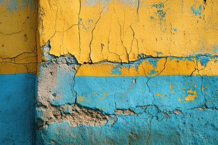 Old blue and yellow wall with peeling paint. Abstract background.の素材