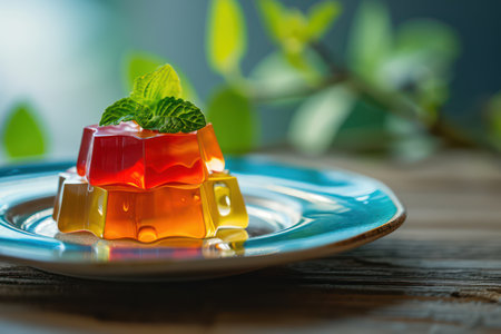 Jelly candies with mint on a plate on a wooden backgroundの素材