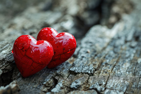 Two red hearts on old wooden background. Valentine's day concept.の素材