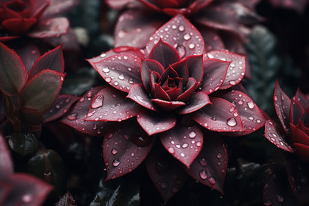 Beautiful red succulent plant with water drops on the leaves.の素材
