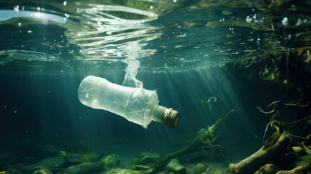 Plastic bottle floating in the water. Pollution environment concept.の素材
