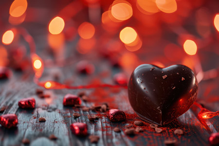 Chocolate hearts on a dark wooden background with bokeh lightsの素材