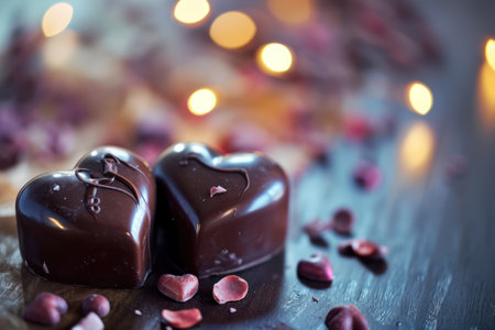 Chocolate candies in the shape of heart on a wooden backgroundの素材