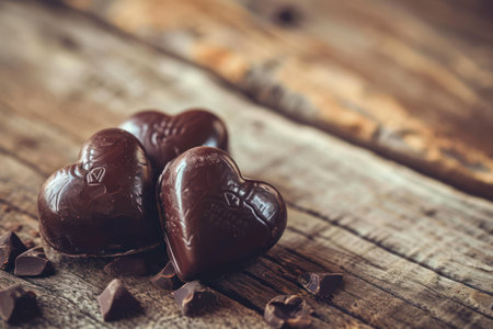 Chocolate hearts on a wooden background. Valentines Day concept.の素材
