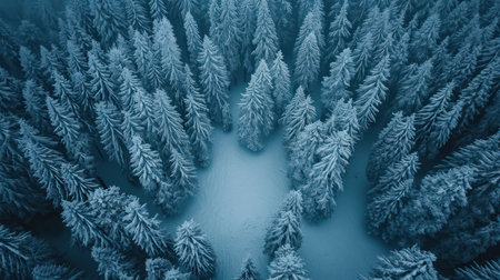 Aerial view of winter forest with snow covered spruce trees.の素材