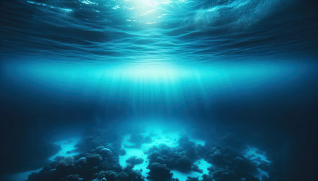 Underwater view of blue ocean with sunbeams. inside the oceanの素材