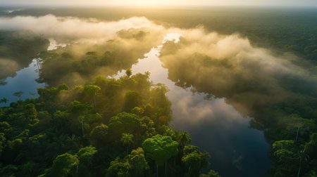Aerial view of misty forest and river at morning time.の素材