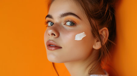 Portrait of beautiful young woman with cosmetic cream on her face on orange backgroundの素材