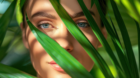 Close-up portrait of a young beautiful woman with green leaves.の素材