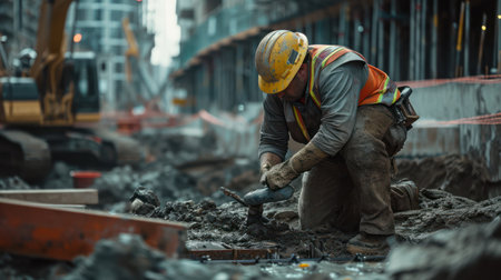 Construction workers are using a trowel at a construction site.の素材