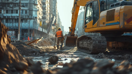construction worker working on the construction site of a new high-rise buildingの素材