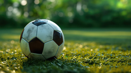 Soccer ball on green grass field with bokeh nature backgroundの素材