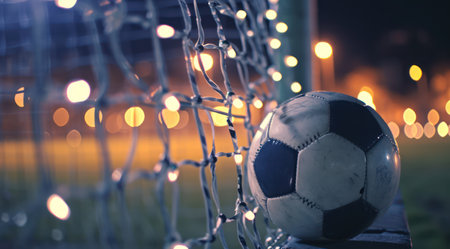 Soccer ball in the goal net with lights bokeh backgroundの素材