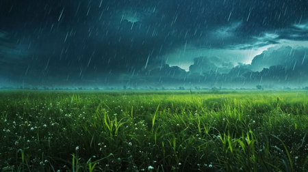 Rain in the rice field with blue sky and cloud, Nature backgroundの素材