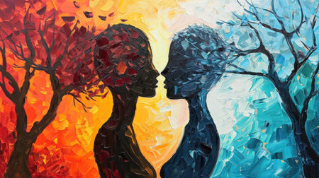 Digital painting of a young man and woman looking at each other. Valentine's dayの素材