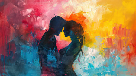 Beautiful young couple in love kissing and embracing on colorful background. Valentine's dayの素材