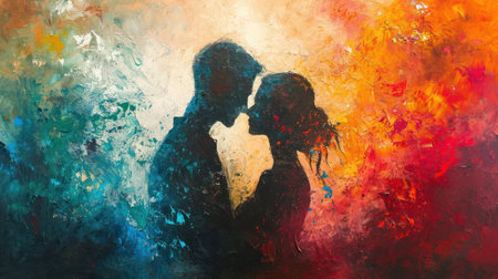 Silhouette of a loving couple in love on a colorful background. Valentine's dayの素材