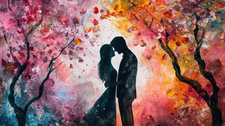 Passionate couple kissing in the autumn forest. Digital painting.の素材