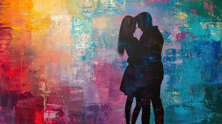 Silhouette of couple in love on multicolored backgroundの素材