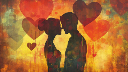 Silhouette of loving couple on abstract grunge background with heartsの素材