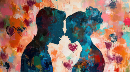 Silhouette of a couple in love. Colorful abstract painting.の素材
