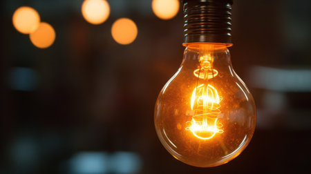 Vintage light bulb glowing in the dark with bokeh backgroundの素材