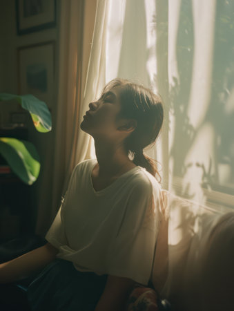 Young beautiful asian woman sitting on a sofa at home in a reflective moodの素材