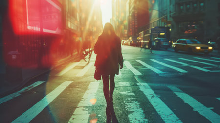Young woman walking on a city street at sunset in New York Cityの素材