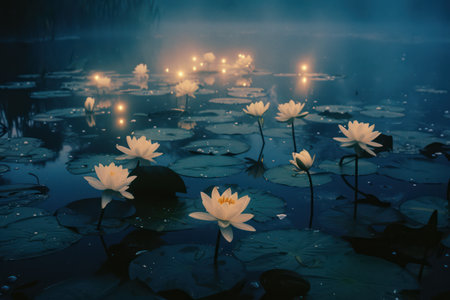 The beauty of the lotus in the pond with lightsの素材