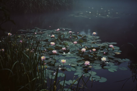 Water lily in the pond with fog. Selective focus.の素材