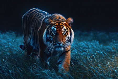 Beautiful tiger in the grass at nightの素材