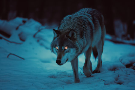 Gray wolf in the forest at night. Selective focus. Toned.の素材