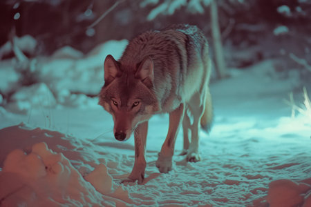 A wolf searches for a meal in a snowy forest. Toned.の素材